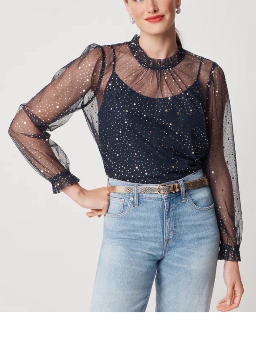 J. Crew Sheer Navy Gold Sparkle Tulle Ruffle Neck Top Small NWT
